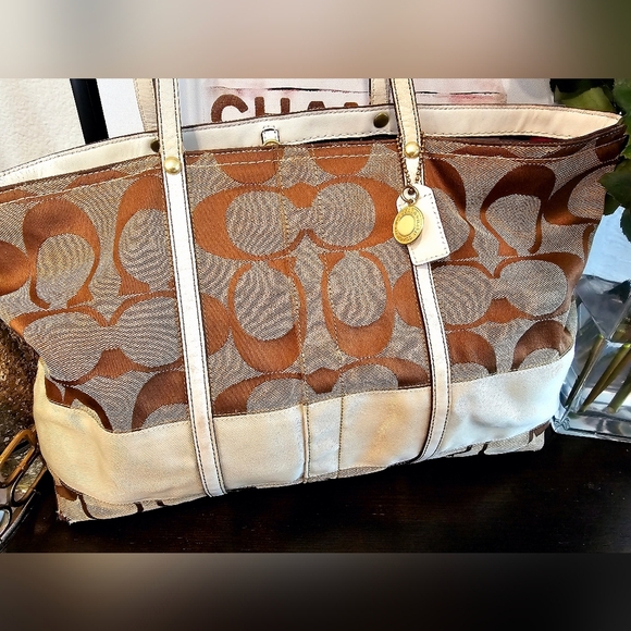 Coach  Legacy Brown and Cream Large Canvas Tote Bag. - Picture 1 of 15